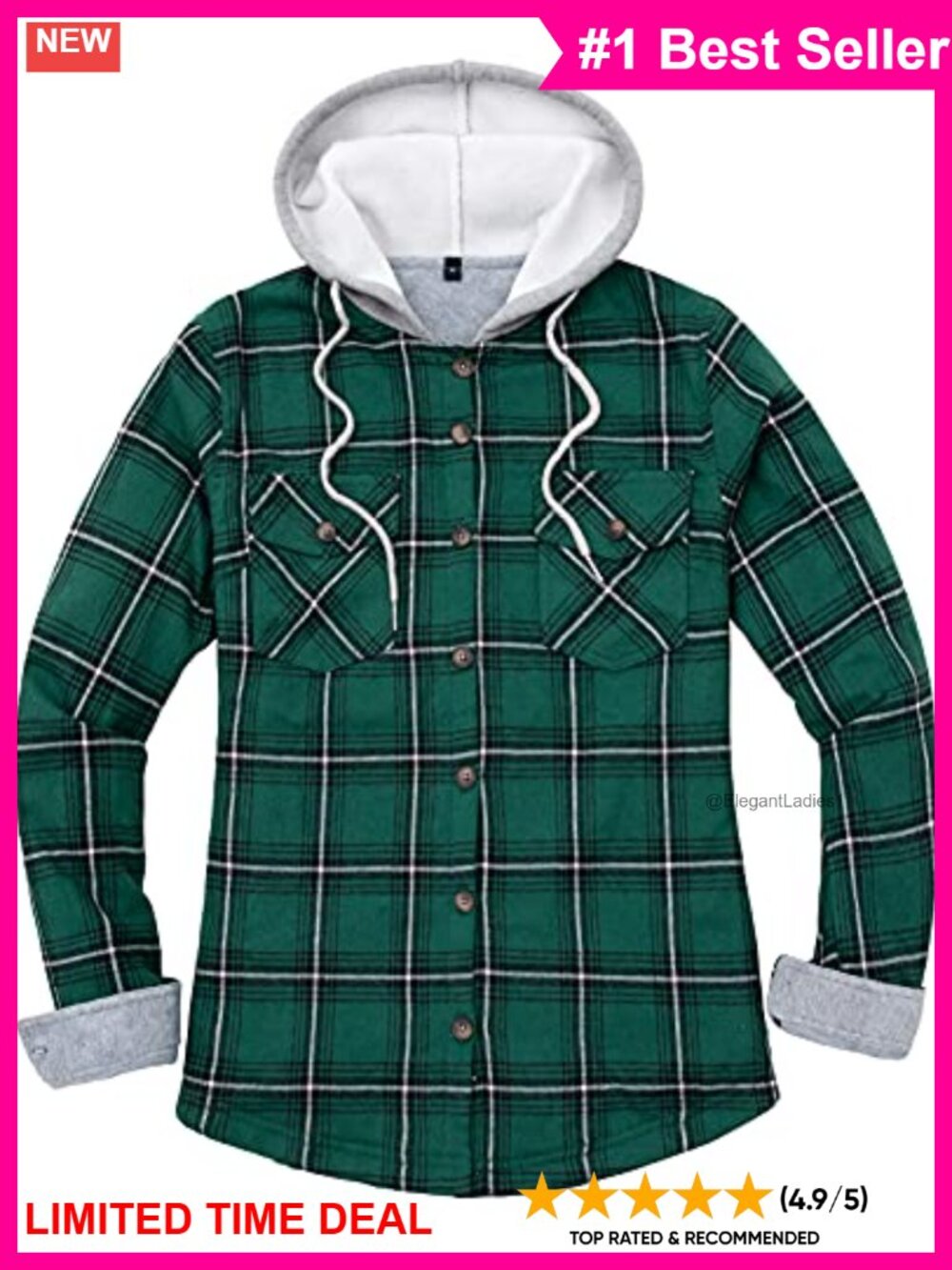 Womens Hooded Fleece Lined Plaid Flannel Shirt Button Down Jacket Pockets